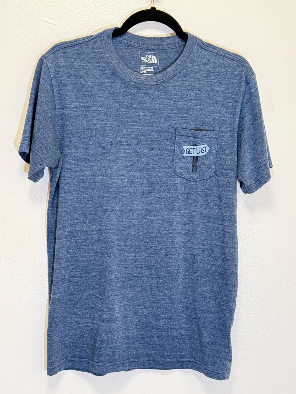 The North Face - Heather Navy Pocket Tee with 'Get Lost' Patch - Men's size M